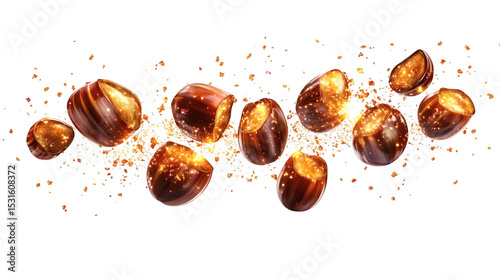 Magical flying caramelized chestnuts glowing with amber light and surrounded by fairy sparkles isolated on white background 