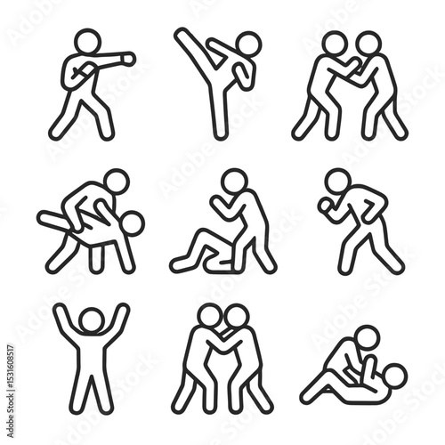 A set of 9 stickman icons showing MMA actions, such as punching, kicking, grappling, and victory poses.