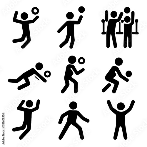 A set of 9 stickman icons showing volleyball moves, such as spiking, serving, blocking, and diving for the ball.