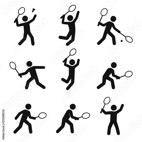 A set of 9 stickman icons involving badminton actions, including serving, smashing, and net play.