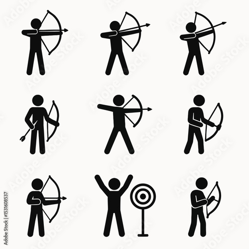 A set of 9 stickman icons focused on archery, including aiming, drawing the bow, shooting, and holding a bow and arrow.