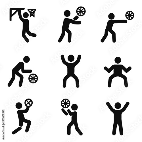 A set of 9 stickman icons depicting basketball actions, including dunking, shooting, passing, dribbling, and rebounding.