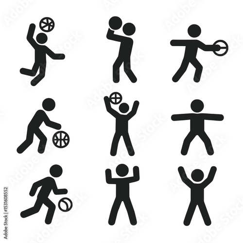 A set of 9 stickman icons depicting basketball actions, including dunking, shooting, passing, dribbling, and rebounding.