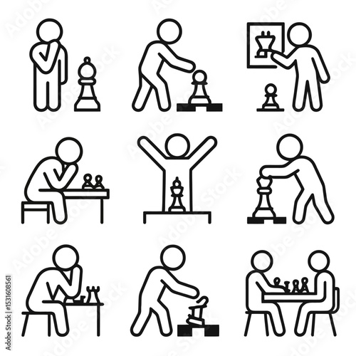 A set of 9 stickman icons showing chess-related actions, such as thinking, moving pieces, checkmate, and celebrating victory.