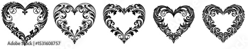 Elegant decorative hearts with swirls and floral accents for greeting card design, tattoo stencil, or engraving