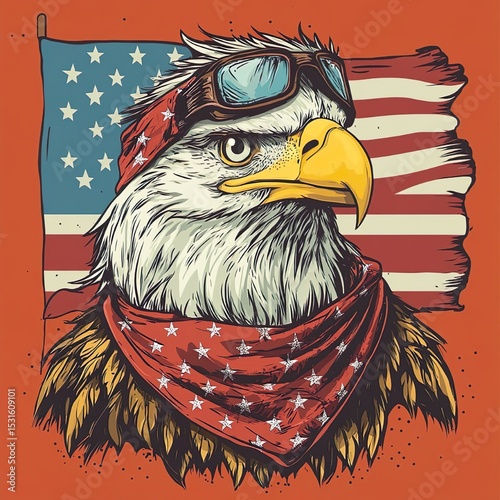 A cartoon depicts a bald eagle wearing a bandana and mullet, while the American flag is shown waving in the background.