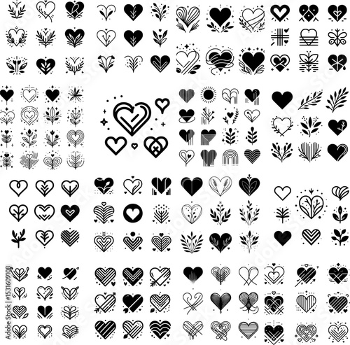 Set of minimalist heart vector icons in black and white, designed in a clean flat style for versatile use.