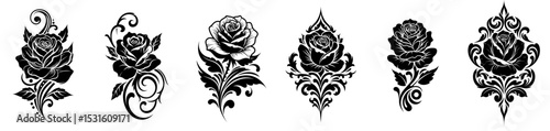 Ornamental rose design in intricate black and white linework for stencil or decorative print