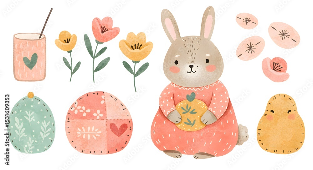 Adorable bunny in peach dress holding pumpkin, surrounded by flowers, patchwork, and juice. Adorable bunny in peach dress holding pumpkin, surrounded by flowers, patchwork, and juice.