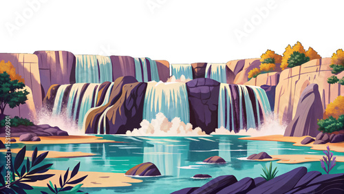 Vector illustration of Plitvice Lakes National Park in Croatia, featuring cascading waterfalls, turquoise lakes, lush greenery, and scenic nature perfect for travel themes.
