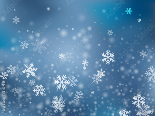 White flying snow flakes backdrop. Snowstorm dust freeze shapes. Snowfall sky white teal blue background. Swirling snowflakes february theme. Snow nature scenery.