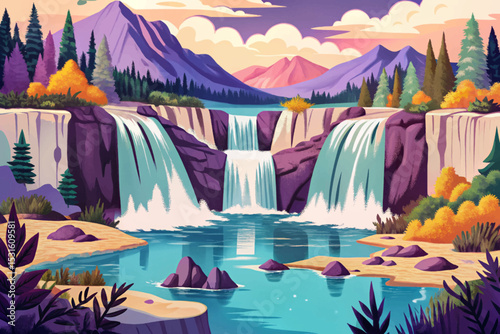 Vector illustration of Plitvice Lakes National Park in Croatia, featuring cascading waterfalls, turquoise lakes, lush greenery, and scenic nature perfect for travel themes.