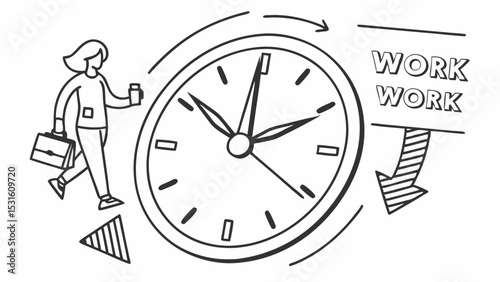 Businesswoman Rushing Against Time Clock and Work Sign Illustration