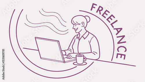 Freelance woman working on laptop with coffee line art illustration