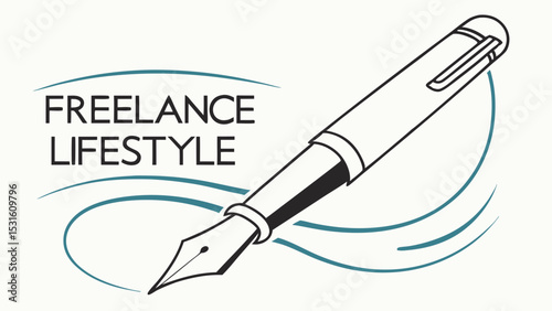 Stylized Fountain Pen with Freelance Lifestyle Text and Teal Accents