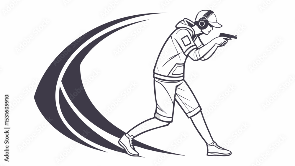 Fototapeta premium Stylized Shooter Man with Gun Headphones and Motion Trail