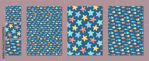 Underwater seamless pattern set with marine life. Vibrant background featuring cartoon fish and starfish. Flat aquatic design, colorful ocean theme, versatile for summer projects and creative graphic