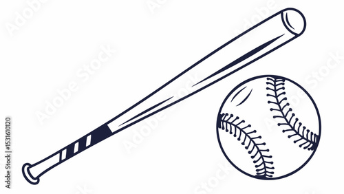 Baseball Bat and Ball Illustration in Simple Black and White