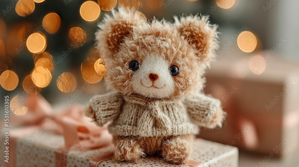 Fototapeta premium Plush doll on a soft gift ribbon: cozy Christmas lights Bokeh background, soft diffuse lighting Shallow depth of field, nostalgic photorealistic details 