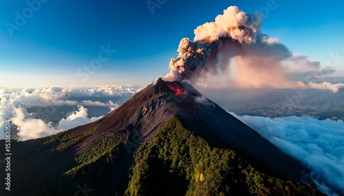 drone shot of erupting fuego volcano surrounded by clouds in guatemala