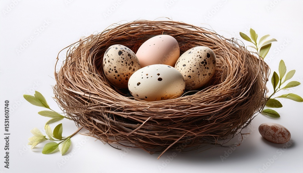 Fototapeta premium bird nest with speckled eggs on plain white isolated background