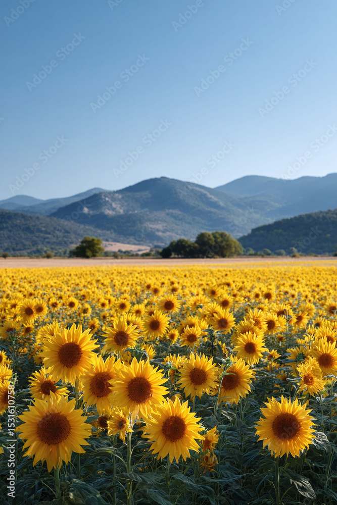 Fototapeta premium Vibrant sunflowers stretch across a sundrenched field toward distant mountains under a clear blue sky. Represents joy, summer, nature, and rural beauty.