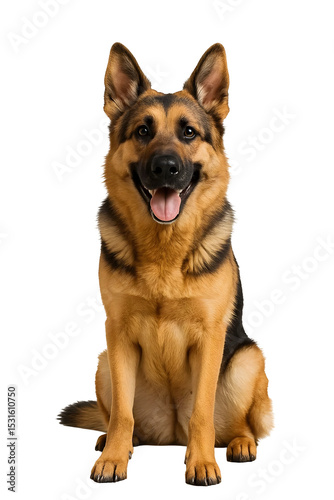 Sitting German Shepherd Dog Smiling – Realistic Black and Tan Breed on Transparent Background for Pet Branding and Print
