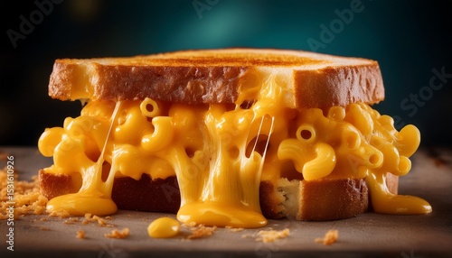 close up of a gooey melted mac and cheese sandwich showing strings of cheese pulling away