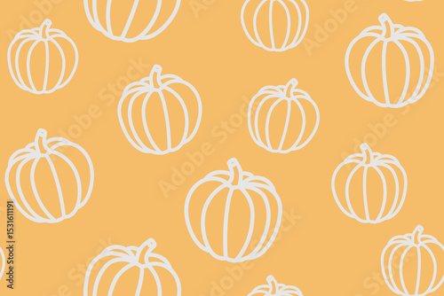 Hand drawn pumpkin isolated on a yellow background. Outline drawing. Seamless pattern under clipping mask, convenient for editing. The background color can be easily replaced. Background for decor.