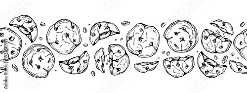 Seamless Cookies Border. Crispy cookies with chocolate drops border isolated on white background. Freehand drawn Biscuit chocolate chip cookies in line art style for cafe, menu, cookbook, bakery