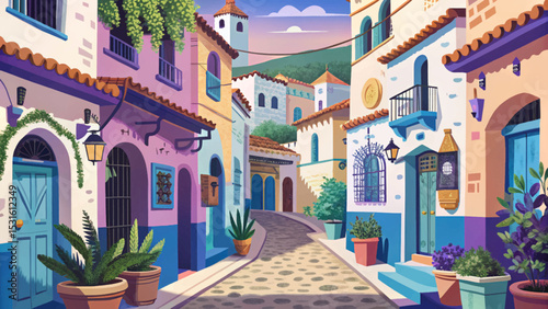 Vector illustration of Chefchaouen blue streets in Morocco, showcasing vibrant blue buildings, narrow alleys, and colorful urban charm for travel and culture themes