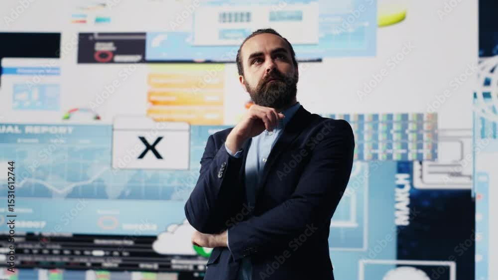 Businessman thinking about a new solution to increase funding while he evaluates infographics and financial reports with digital technology. Planning long term success and growth. Camera A.