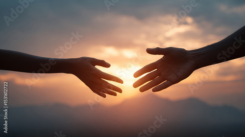 Silhouette God hands reaching out to help another hand in background of mountains and sunset
