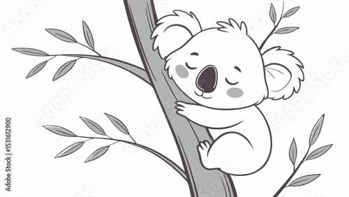 Adorable Cartoon Koala Bear Clinging to a Tree Branch