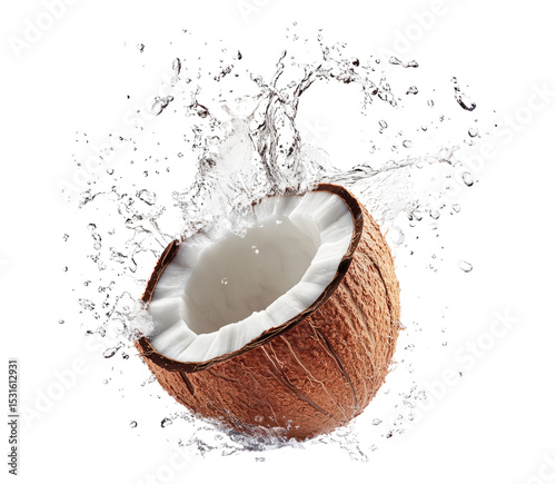 Coconut Half Splashing Water Against Black Background Image Isolated Transparent Background