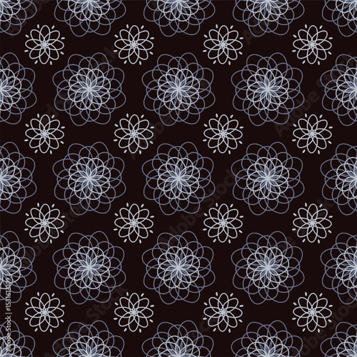Dark floral mandala-style pattern with intricate white-blue details on a black background. A dramatic and symmetrical design ideal for fabric, decor, or digital prints.