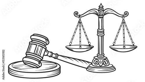 Black and White Illustration of Scales of Justice and Gavel