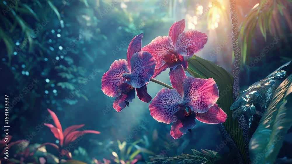 Lush jungle scene featuring vibrant purple orchids bathed in sunlight