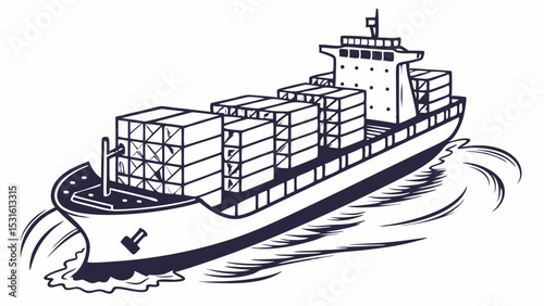 Stylized Cargo Ship Illustration with Shipping Containers and Water Waves