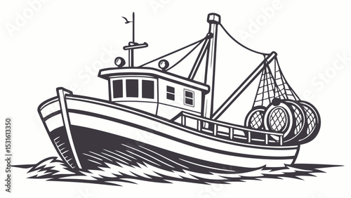 Stylized Fishing Boat Illustration with Nets and Waves