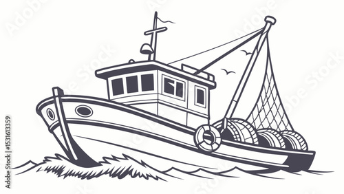 Detailed Black and White Illustration of a Fishing Boat