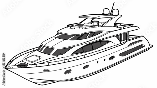 Luxurious Motor Yacht Depicted in Detailed Black and White Illustration