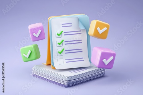 Financial Debt Compliance concept.  A 3D illustration of a checklist with green checkmarks on paper and colorful floating checkmark icons on a purple background.
