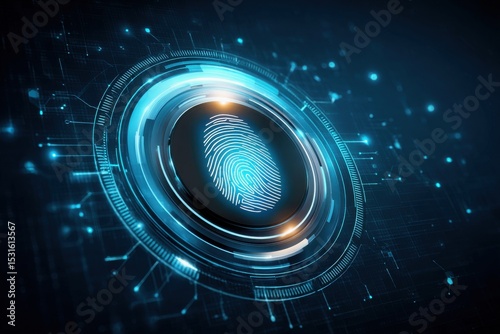 Financial Debt Compliance concept.  A digital fingerprint surrounded by futuristic, glowing circular interface elements representing biometric security technology.