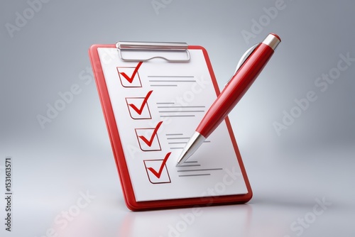 Financial Debt Compliance concept.  A red clipboard with a checklist of four items, each marked with a red checkmark, and a red pen resting on the side.