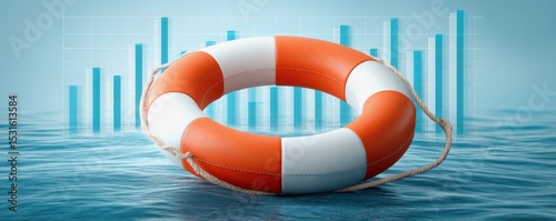 Financial Debt Compliance concept.  An orange and white lifebuoy floating on water with a background of bar charts, symbolizing financial safety or risk management.