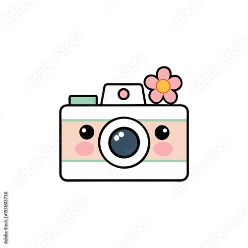 Cute Kawaii Camera with Rosy Cheeks and Flower