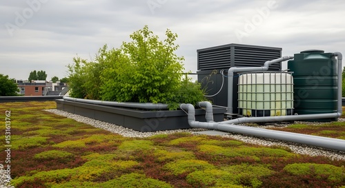 Wallpaper Mural Realistic close-up of a modern rainwater harvesting system connected to a green roof on an eco building Torontodigital.ca