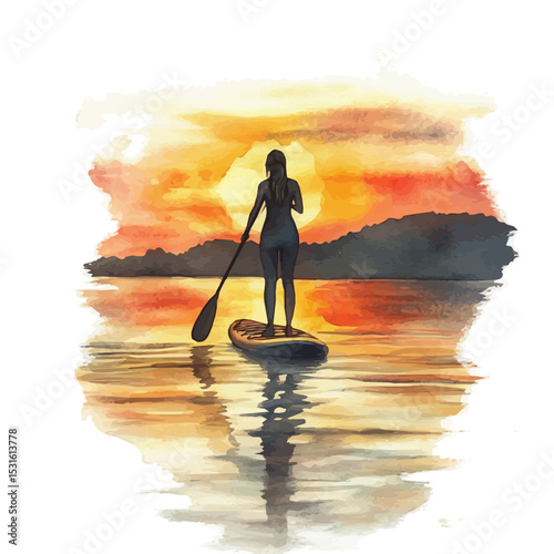 Sunset Paddleboarding Quiet Lake, watercolor drawing vector, isolated on a white background.