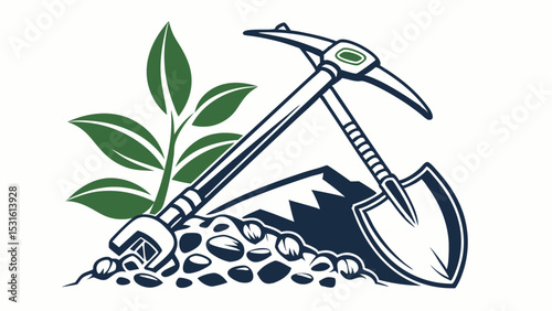 Pickaxe Shovel Plant and Rocks Illustration for Mining or Gardening